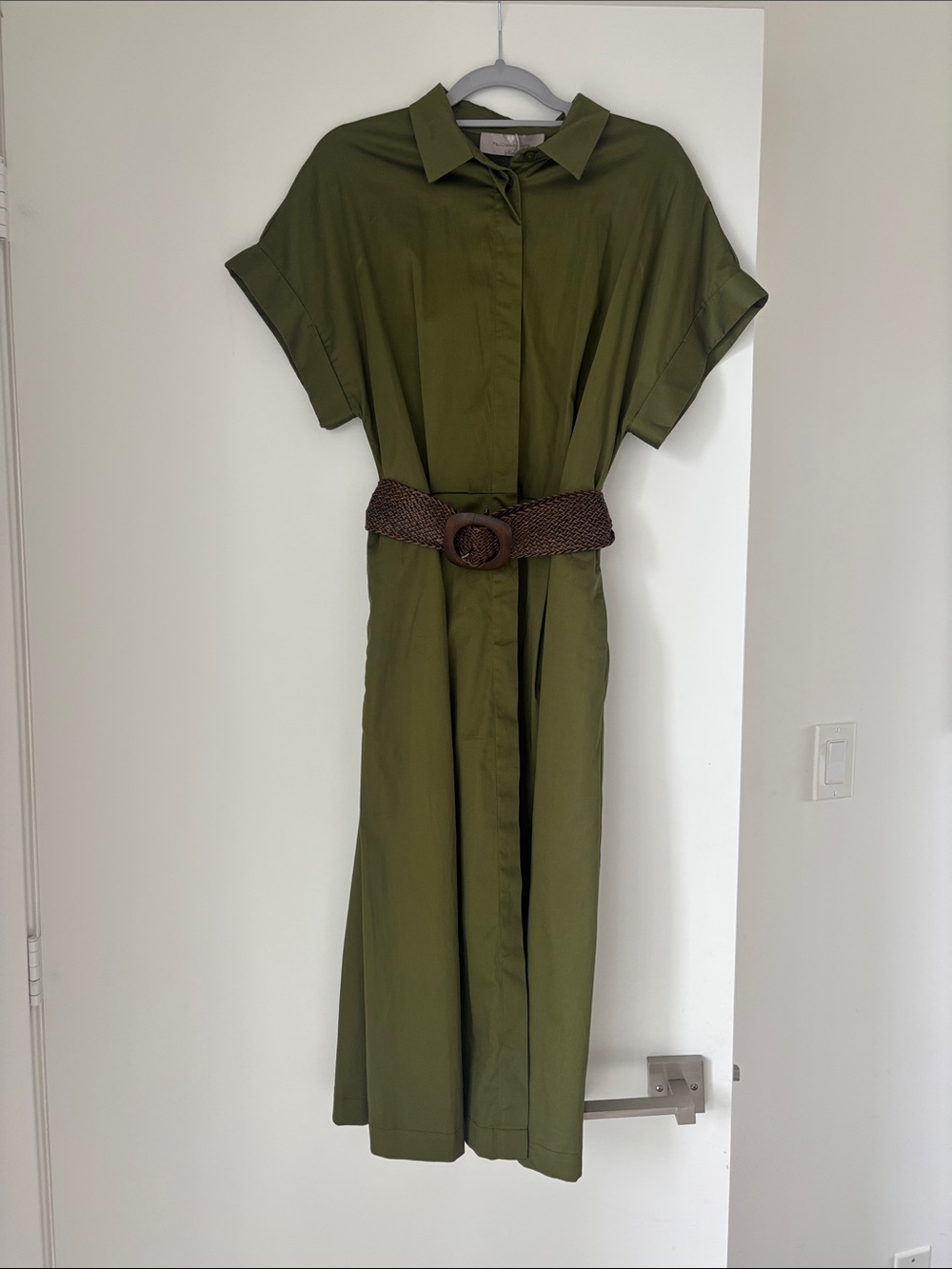 Olive Green Midi Shirt Dress with Braided Brown Belt